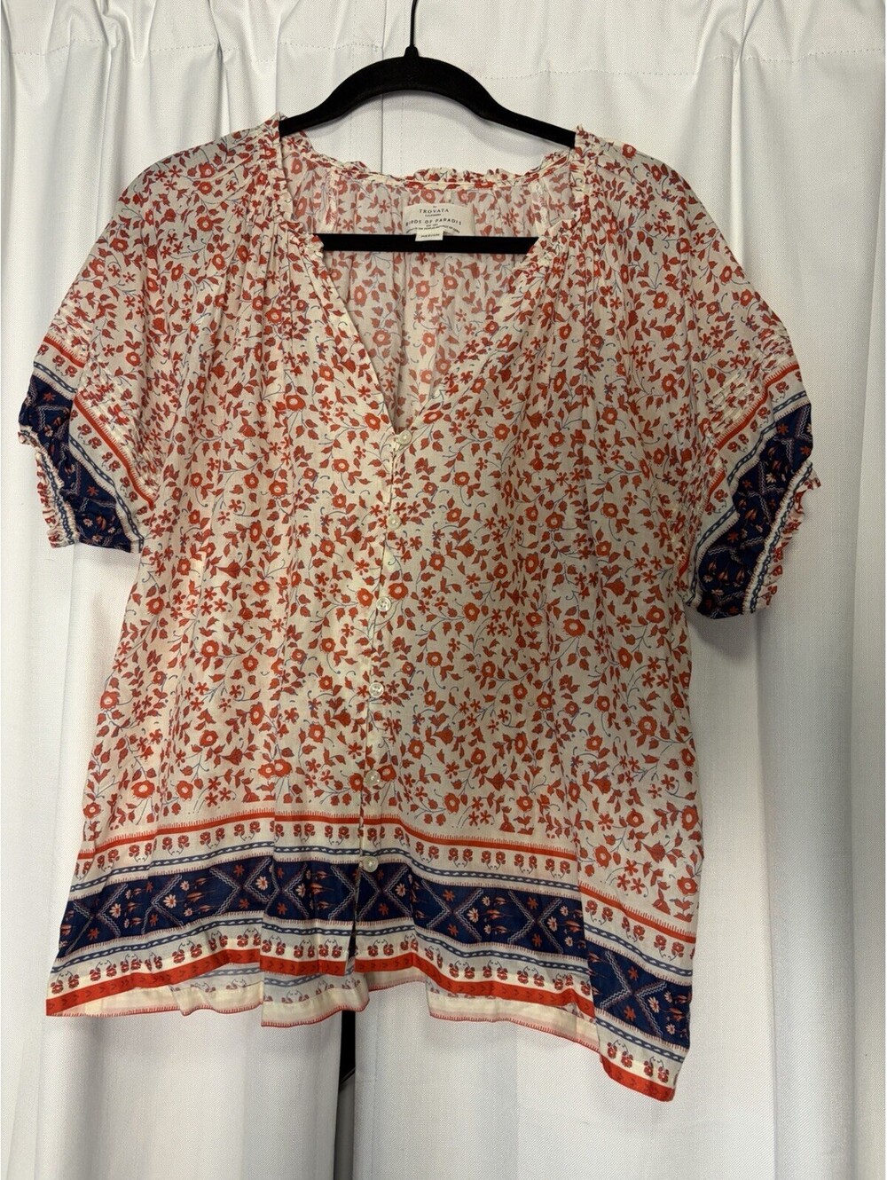 Trovata Birds Of Paradise Peasant Blouse In Blue And Red Floral Bandana M $178